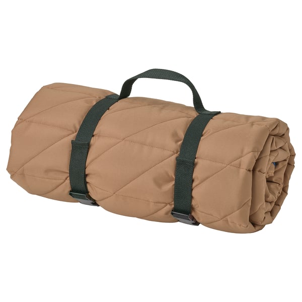 Brown SOLUPPGÅNG picnic blanket, rolled, with carrying straps, beige.