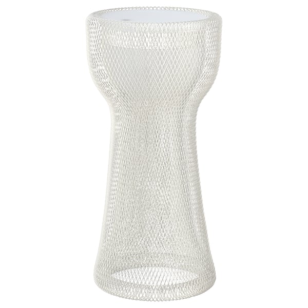 White, cylindrical SOLVINDEN floor lamp with intricate mesh design.