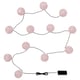 String lights with pink globes on white background. Made from recycled polyester, powered by battery box.