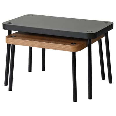 SONHULT nest tables in black and brown. These modern, rectangular tables have sleek metal legs and offer versatile space-saving design.