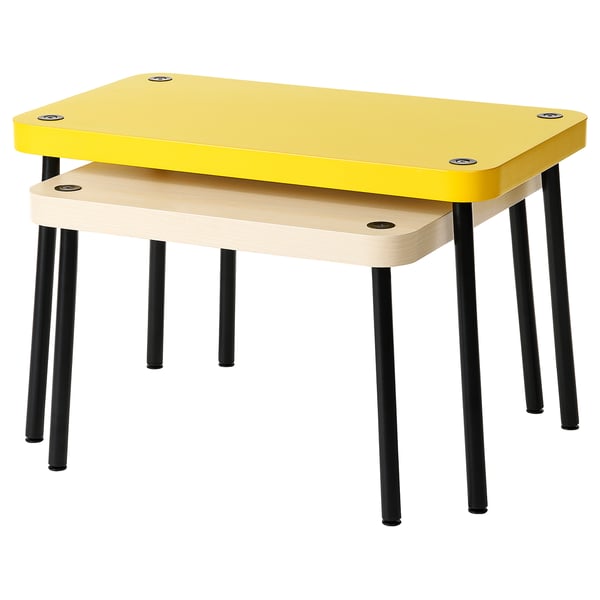 Two SONHULT tables, yellow and wood, stacked; modern, nesting design.