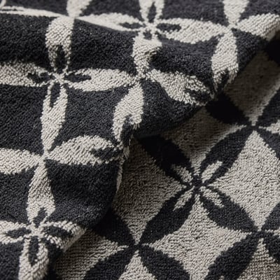 Black and white patterned throw blanket with intricate designs, showcasing detailed craftsmanship.