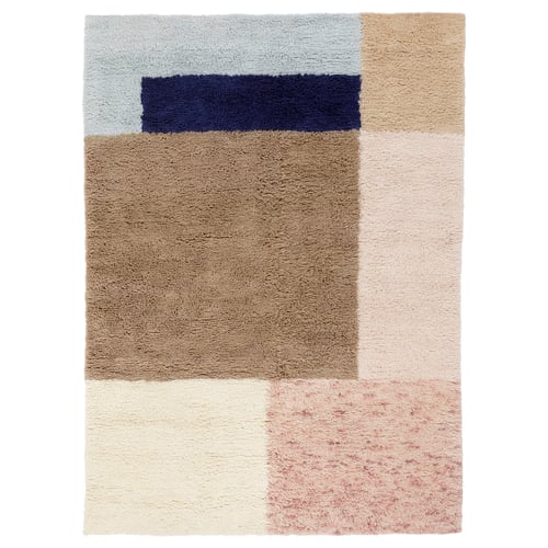 SPRETGRÄS rug: rectangle, multi-color blocks, soft wool, natural texture.