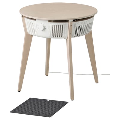 IKEA STARKVIND air-purifying table in light oak with round top, angled legs, and white panel.