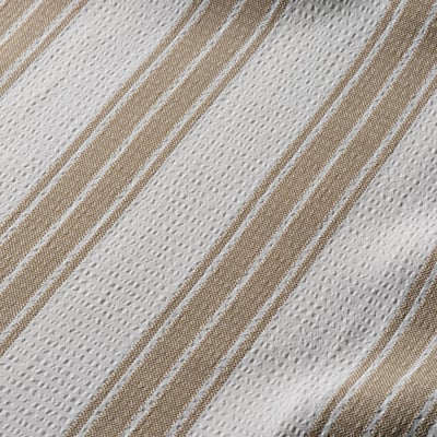 Striped shower curtain, soft yet dense, recycled polyester, water repellent.