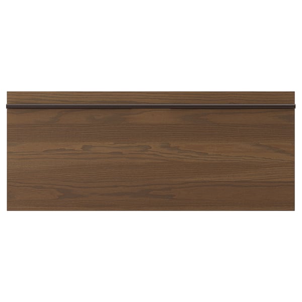 A dark brown wooden panel with a sleek handle.