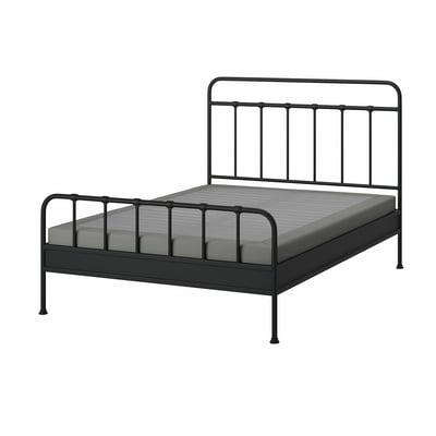 STJÄRNÖ bed: black metal, high headboard, flat slats, recycled polyester cover.