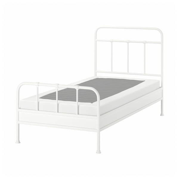 STJÄRNÖ bed: white metal frame, high headboard, steel design, mattress support base, rectangular shape.