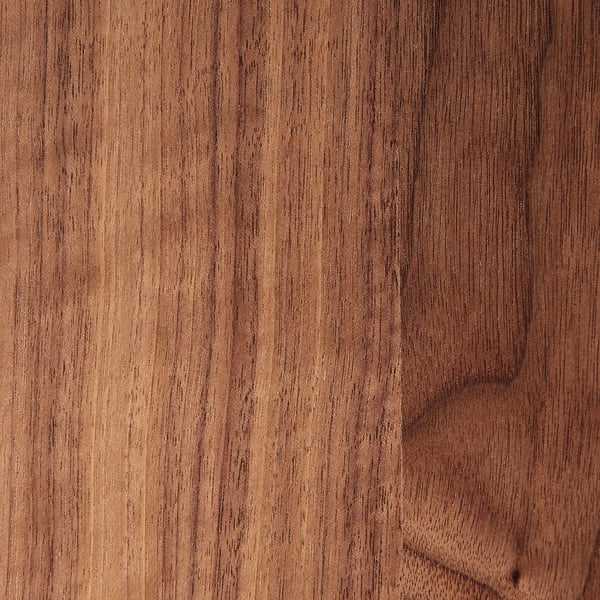 Close-up of a polished, walnut veneer tabletop with visible grain patterns. Rich, warm tones and smooth texture.