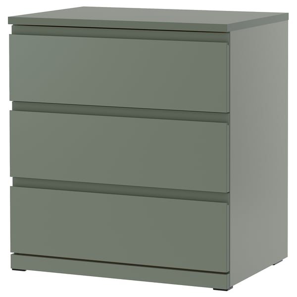 STORKLINTA green 3-drawer chest, modern style, smooth lines.