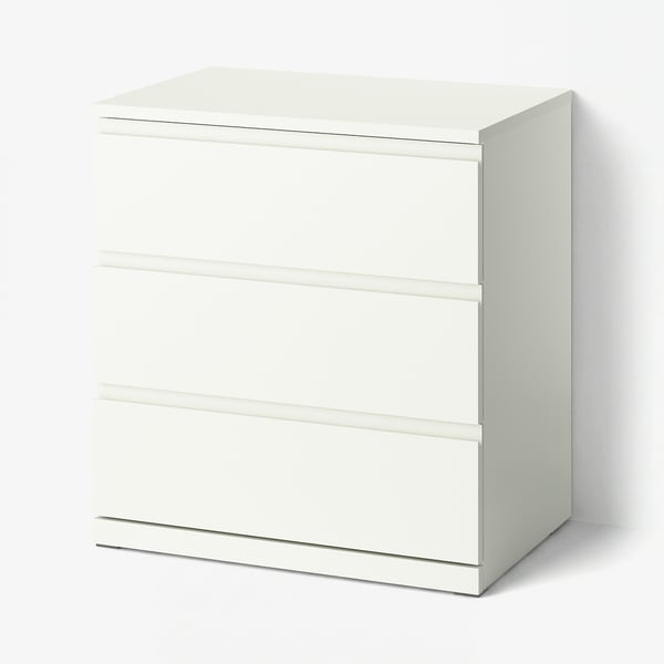 STORKLINTA white 3-drawer chest, smooth design, horizontal handles.