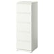 The white STORKLINTA chest of drawers with five drawers, designed with clean, horizontal lines for modern organisation.