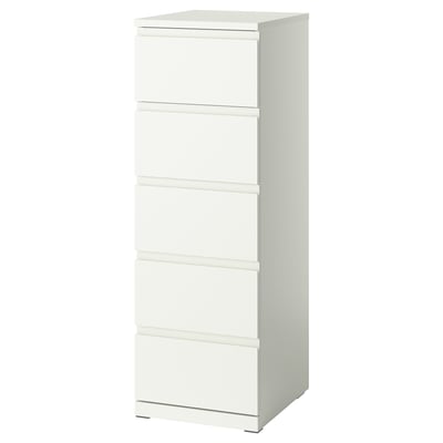 The white STORKLINTA chest of drawers with five drawers, designed with clean, horizontal lines for modern organisation.