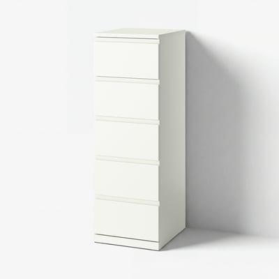 White STORKLINTA tall chest of drawers. Five-drawer modern design, sleek edges, simple style.