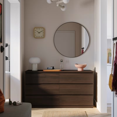 STORKLINTA 6-drawer dresser, dark-brown/oak effect anchor/unlock function, 55 1/8x18 7/8x29 1/2 "
