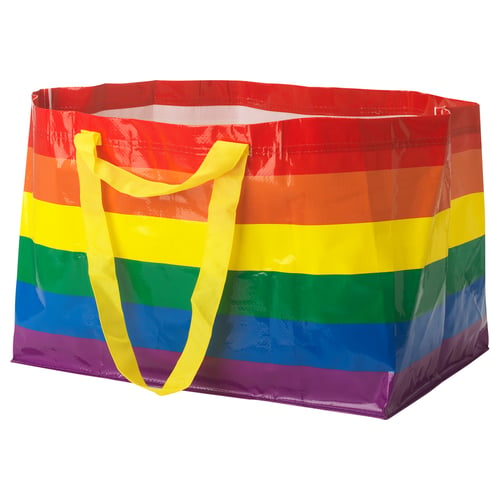 Multicoloured storstromma bag with yellow handles, horizontal stripes in red, orange, yellow, green, blue, purple, rectangular, glossy.