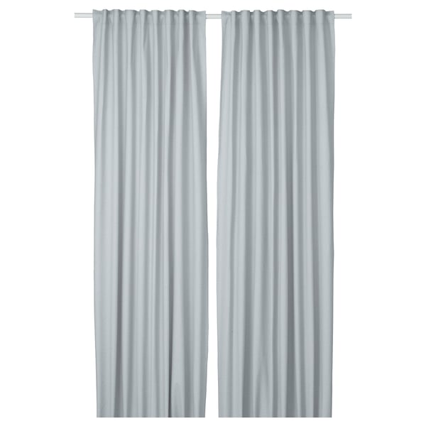 STRANDMALÖRT curtains, light grey, made from recycled materials, two panels, simple design, hang straight.