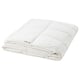 A white, folded STRANDMOLKE duvet with a soft cotton cover and recycled polyester filling, neatly wrapped in a cotton bag.