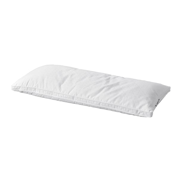 A white STRANDMOLKE pillow. Its soft, supportive, and made from recycled materials. Perfect for back and side sleepers.