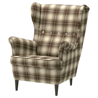 Plaid wingback chair, high back, brown, beige, green pattern, wooden legs.