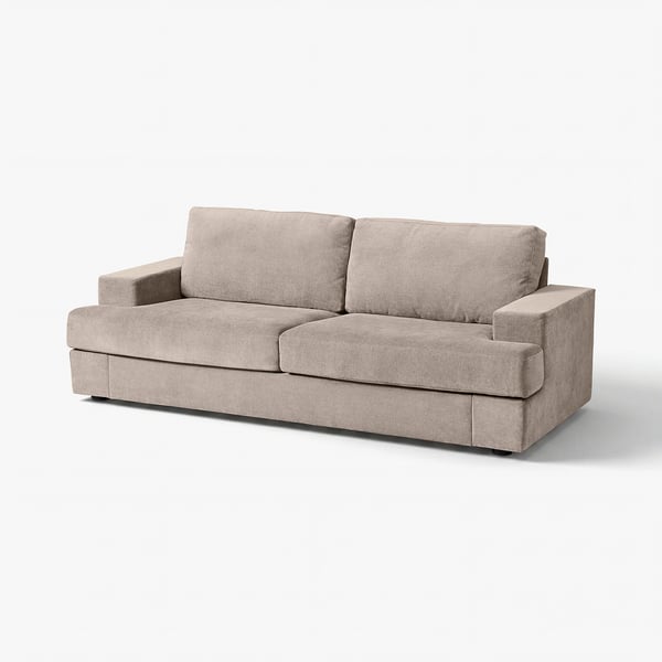 SUNDBRON sofa: modern, light brown, deep seat, high back, soft fabric, wide cushions, inviting, comfortable.
