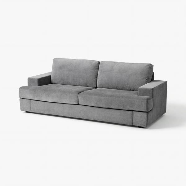 SUNDBRON grey sofa, modern style, soft cushions, chenille fabric, rectangular shape, high back.