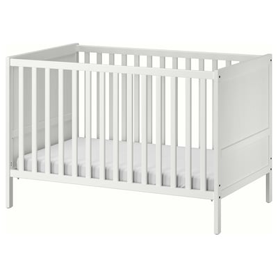 White SUNDVIK baby cot, clean design with wooden slats, ideal for infant sleep.