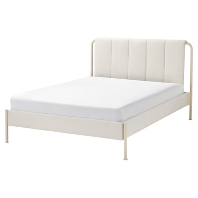 Modern TÄLLÅSEN bed, white. Upholstered headboard, metal legs, striped beige fabric.