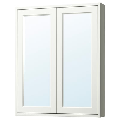 TÄNNFORSEN white cabinet, classic bevelled panels, mirror doors, wall-mounted.