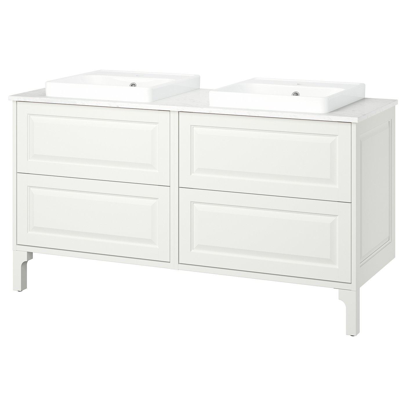 TÄNNFORSEN white bathroom vanity, dual sinks, classic style, white cabinet with smooth surfaces, wall-mount design.