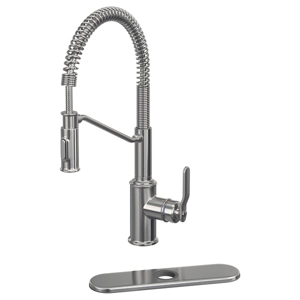 Displays a TAKSJÖN kitchen tap in stainless steel with a flexible gooseneck and pull-down sprayer, designed for efficient sink coverage.
