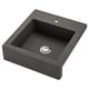 TALLSJÖN sink: dark grey quartz composite. Deep, square bowl with front apron. Stainless steel strainer and stopper.