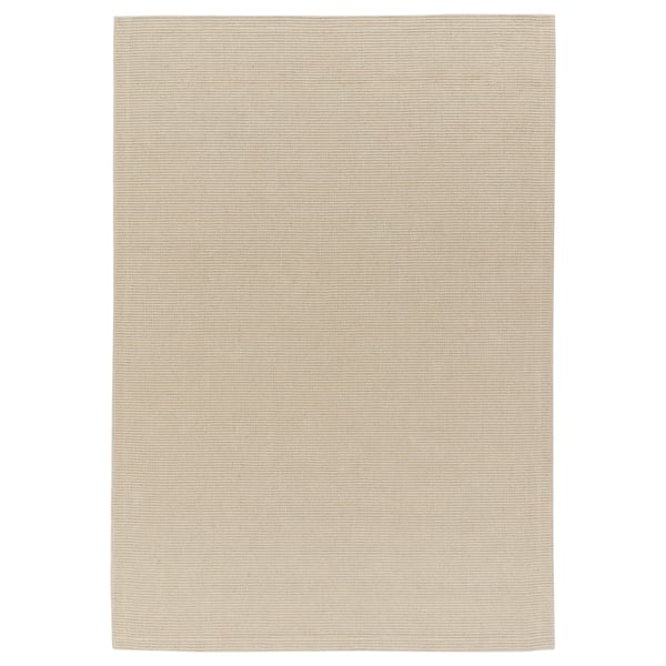Flat-woven beige jute rug. Neutral, durable, rectangular design. Perfect for living or dining spaces.
