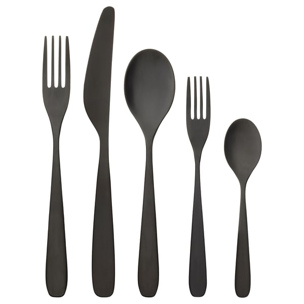 Black 6-piece cutlery set: knives, forks, spoons, matte stainless steel.