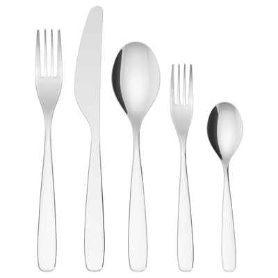 Stainless steel cutlery set: fork, knife, spoon, tea spoon, salad fork. Modern design.