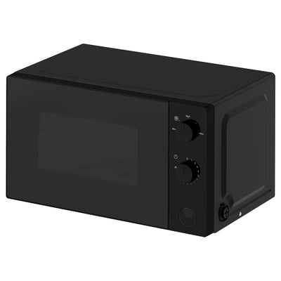 Black TILLREDA microwave: rectangular, two knobs, easy access door.