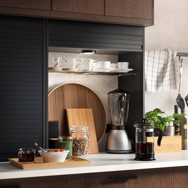 Modern kitchen with TITTEBO appliance garage in dark grey, hiding small appliances for a neat look.