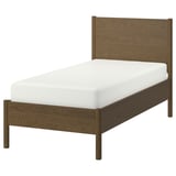 The TONSTAD bed dark brown oak wood, a modern square design, adjustable sides, and sturdy construction.
