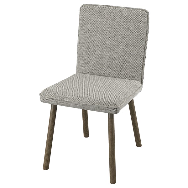 The TONSTAD chair with a grey tweed fabric cover and oak finish legs. It a sleek design with a high back and curved backrest.