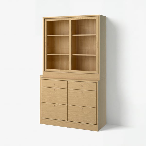 TONSTAD: light wood cabinet with sliding glass doors and drawers. Classic design, soft-closing drawers.