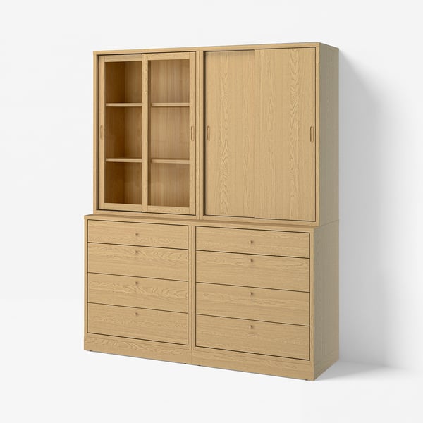 TONSTAD Storage combination with drawers, oak veneer/glass, 64 5/8x18 1/2x82 5/8 "