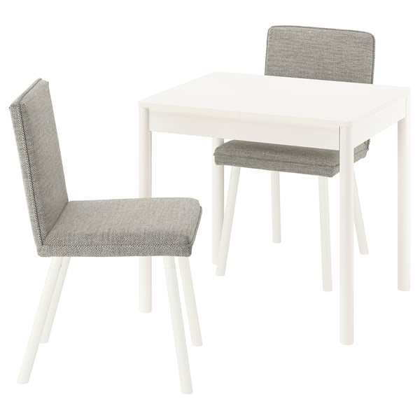 Small, modern dining set with white table and two cushioned chairs, perfect for compact spaces.