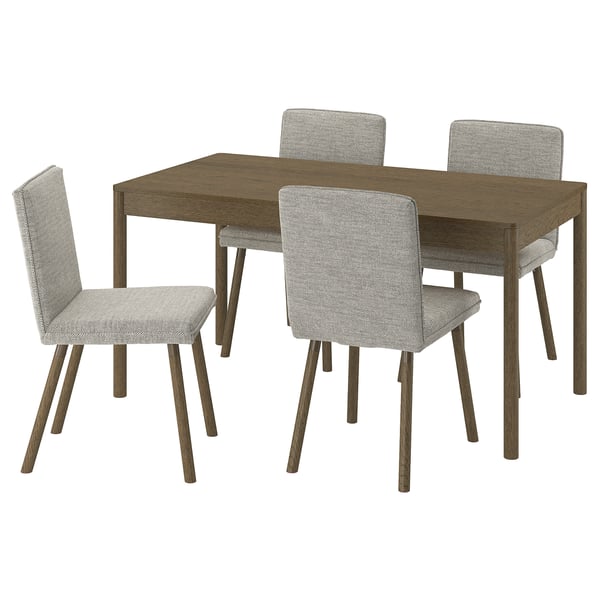 A TONSTAD dining set with a wooden table and four upholstered chairs in light grey, featuring a modern design with clean lines and padded seats.
