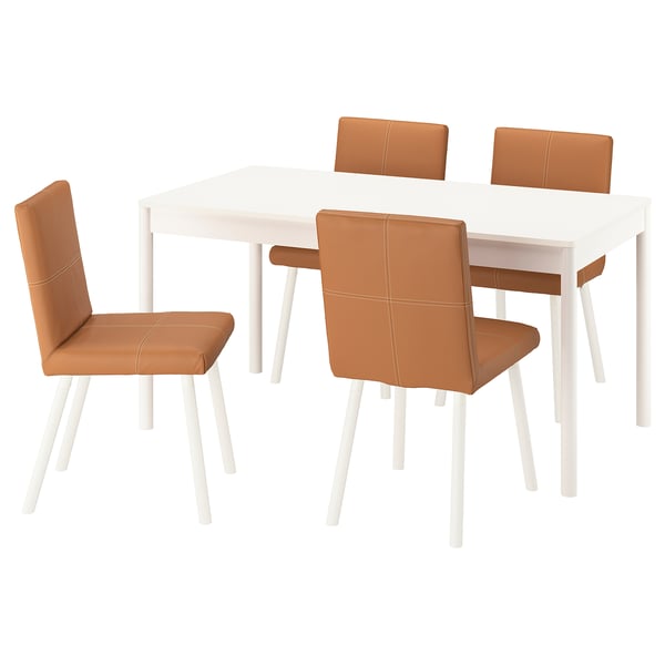 Modern dining set with white table and brown leather chairs.