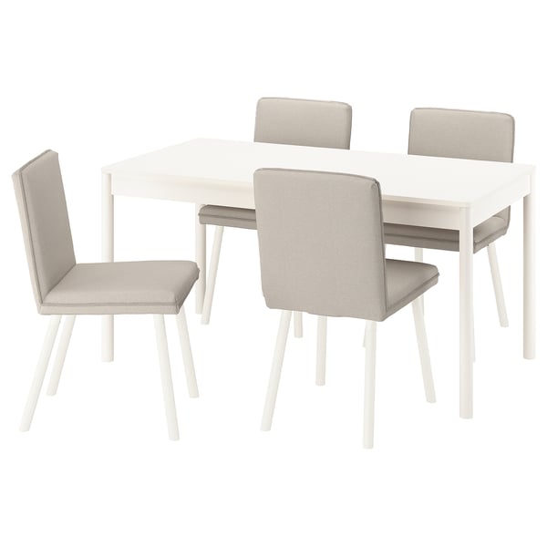 Modern white dining set with four beige cushioned chairs and square table.
