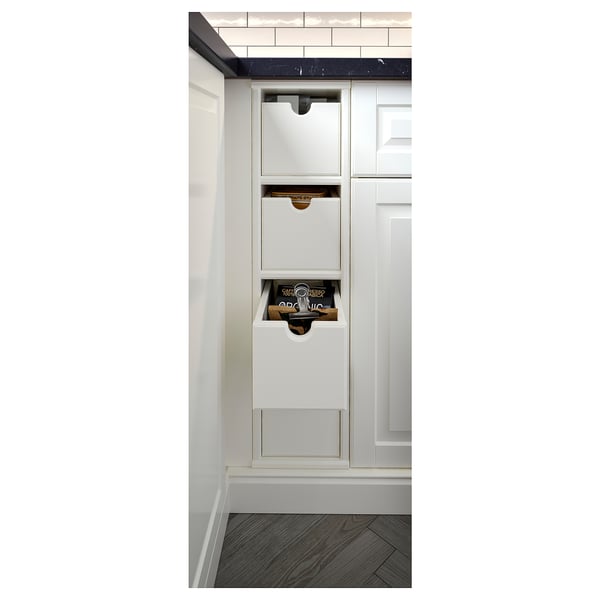 Small white TORNVIKEN box, part of kitchen storage set, placed in open cabinet, light & sleek design, white colour.