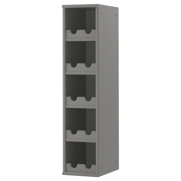 Grey tornvik open cabinet with multiple shelves for kitchen storage.