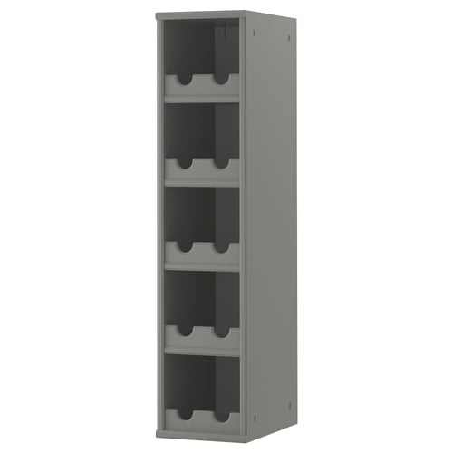 Grey tornvik open cabinet with multiple shelves for kitchen storage.