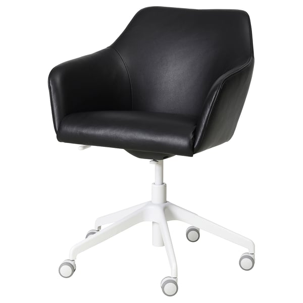 TOSSBERG black leather swivel chair. Comfortable with padded seat and back, white base and castors.
