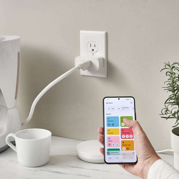 Hand holds smartphone with smart plug app, controlling lamp.